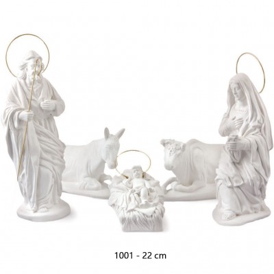 Imagen del nacimiento de 22 cm de álamo con las figuras de la Sagrada Familia, la mula y el buey.