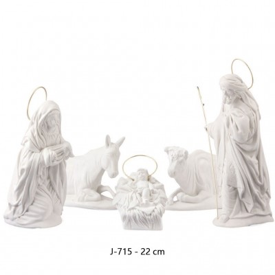 Imagen del set de Nacimiento en álamo de 22 cm, sin pintar, que incluye al Buey y la Mula junto a otras figuras.